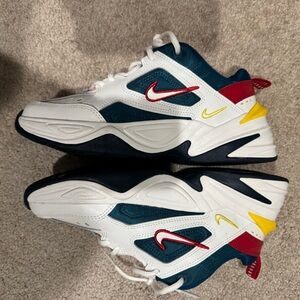 Nike White and Blue Sneakers with Red and Yellow Accents